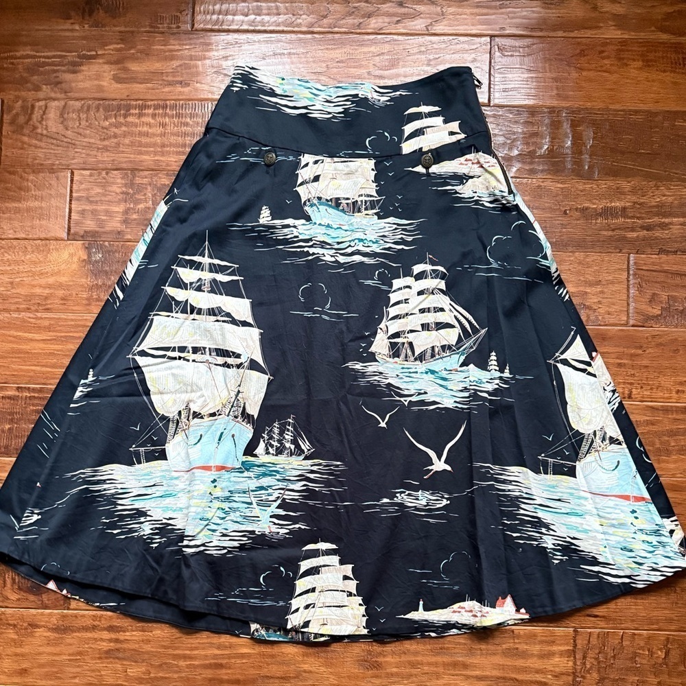 Anthropologie Leifnotes A-Line Midi Lined Nautical Boats Cotton Skirt, Size 2